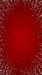 Beautiful snowfall christmas background. Subtle flying snow flakes and stars on christmas red background. Beautiful snowfall overlay template. Vertical vector illustration. - 786056359