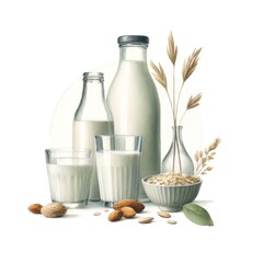A watercolor depiction of dairy-free milk alternatives with almonds and oats in a rustic setting.