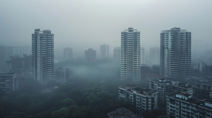 Aerial view urban cityscape with thick white pm 2.5 pollution smog fog covering city high-rise buildings - obrazy, fototapety, plakaty