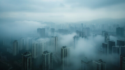 Aerial view urban cityscape with thick white pm 2.5 pollution smog fog covering city high-rise buildings, blue sky - obrazy, fototapety, plakaty