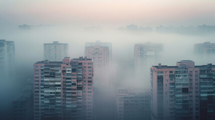 Aerial view urban cityscape with thick white pm 2.5 pollution smog fog covering city high-rise buildings