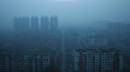 Aerial view urban cityscape with thick white pm 2.5 pollution smog fog covering city high-rise buildings, blue sky