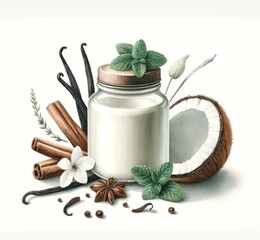 A watercolor illustration of coconut oil with vanilla, cinnamon, and other aromatic spices.