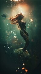 Fototapeta premium Beautiful mermaid underwater. Mermaid woman swims underwater at depth