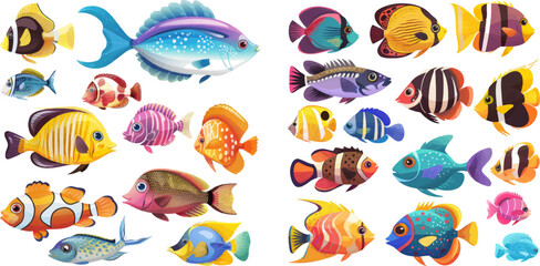 Goldfishes, tetra, barb, angelfish and lionfish. Small freshwater fish pets vector set - obrazy, fototapety, plakaty