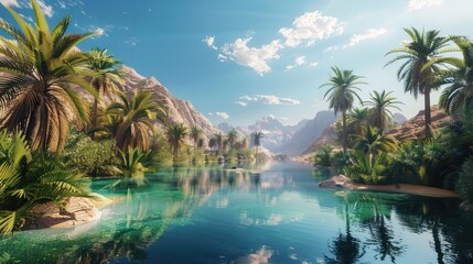 Fototapeta na wymiar A serene desert oasis surrounded by towering palms and lush greenery, with crystal-clear waters reflecting the cloudless sky in a tranquil tableau of natural beauty