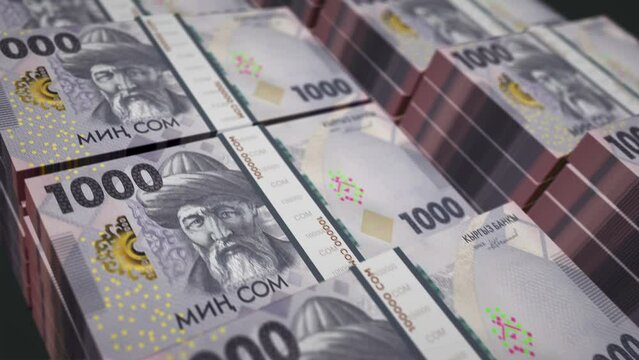Kyrgyzstan money Kyrgyz soms pack loop 3d animation. Loopable seamless concept of finance, cash, economy, business and bank. Camera moving over KGS 1000 banknote bundle stacks.