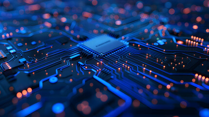 Close-up of a blue computer circuit board with electronic chips and transistors