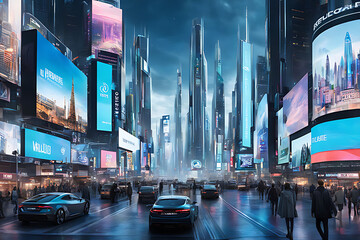 A futuristic cityscape with holographic billboards and bustling streets.