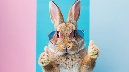 Cool easter bunny rabbit wearing sunglasses and giving thumbs up on pastel background