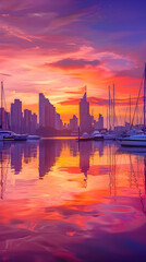 Mesmerizing Twilight Serenity: Coastal Cityscape Under a Spectacular Sunset