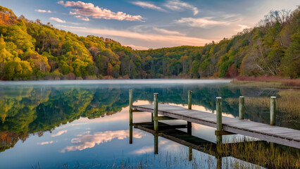 A peaceful lake surrounded by tall trees, with a small wooden dock extending into the water. - obrazy, fototapety, plakaty