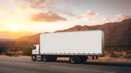 Transforming transportation , A white cargo truck on road with mountain hills in background  - obrazy, fototapety, plakaty