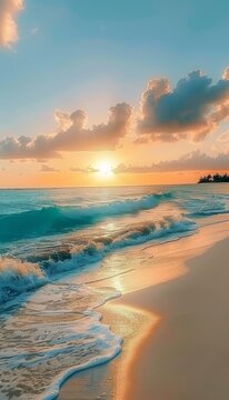 Serenity of panoramic ocean sunset with colorful sky, white waves, and natural island landscape