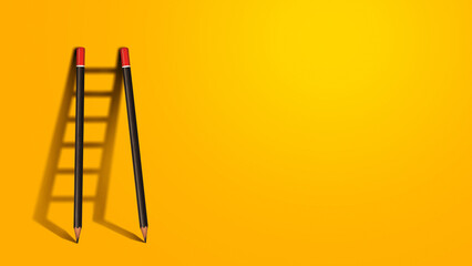Success creative concept, pencil Ladder. Pencils stand near a yellow wall with a shadow of a...
