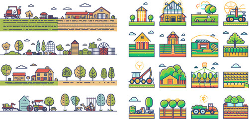 Agriculture industry icons. Farming buildings, harvest, farmland vector set