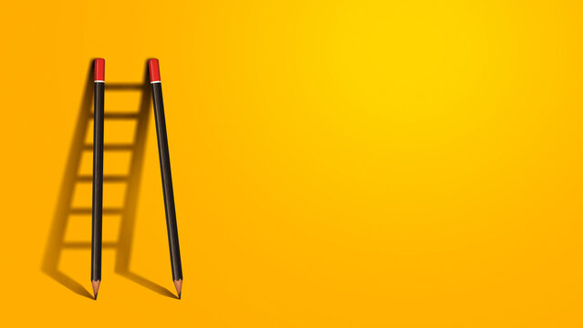 Success creative concept, pencil Ladder. Pencils stand near a yellow wall with a shadow of a ladder, creative idea. Development and success. Think differently. Free copy space for design