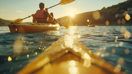 People kayaking in the warm summer day. Happy active tourists paddling in yellow kayaks down the river. Summer vacation or spring break water activities. 