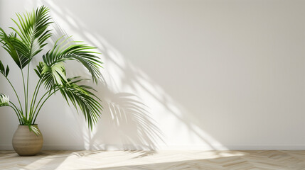 Tropical palm leaves against white wall, sunlight coming from side and shadows, summer advertising copy space