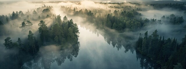 Fog lake and forest landscape, aerial view