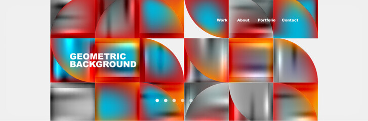 A vibrant geometric background featuring colorful squares and circles in shades of orange and electric blue. The artwork showcases symmetry and patterns with bold tints and shades