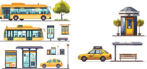 Flat public city land transport and yellow taxi car. Urban vehicles and bus stop