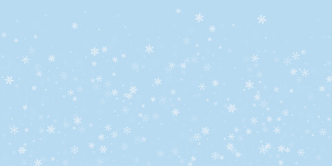 Snowy christmas background. Subtle flying snow flakes and stars on light blue winter backdrop. Delicate sweet snowy christmas. Wide vector illustration.