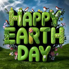 3D rendering Happy Earth Day Text in a grassy field with flowers and birds. The letters are decorated with various plants and flowers the artist intended to create a positive message about Earth Day. - obrazy, fototapety, plakaty