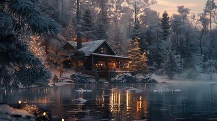 A serene lakeside cabin nestled among frosted trees, its windows glowing with the warmth of holiday...