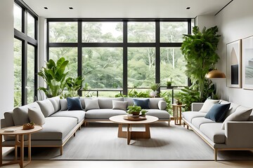Fototapeta premium Modern indoor living room with potted plants and flowers offers a beautiful view of the nature outside