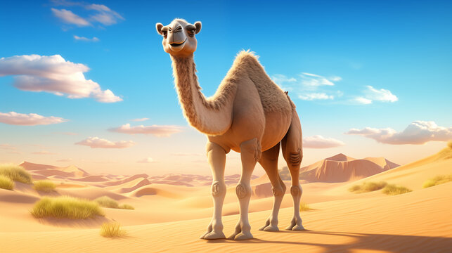 Cute carton smoling camel walking in desert, passower concept, adorable wild character