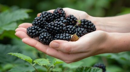 Hand holding ripe blackberries with copy space, blurred background for text placement