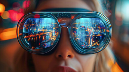 Woman travel digital vr technology, future reality, abstract space, virtual glasses. Metaverse concept