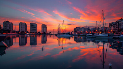 Mesmerizing Twilight Serenity: Coastal Cityscape Under a Spectacular Sunset