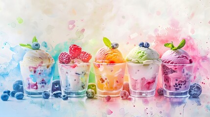 Close up view of four cups with ice cream decorated with fruits on a table made in watercolor