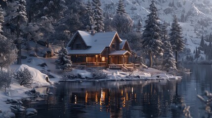 A serene lakeside cabin nestled among frosted trees, its windows glowing with the warmth of holiday festivities and camaraderie. 8k, realistic, full ultra HD, high resolution, and cinematic