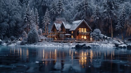 Fototapeta na wymiar A serene lakeside cabin nestled among frosted trees, its windows glowing with the warmth of holiday festivities and camaraderie. 8k, realistic, full ultra HD, high resolution, and cinematic
