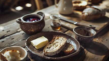 Close-up of a breakfast in a rustic setting, with clay plates, freshly baked bread, butter and jam, arranged on a wooden table