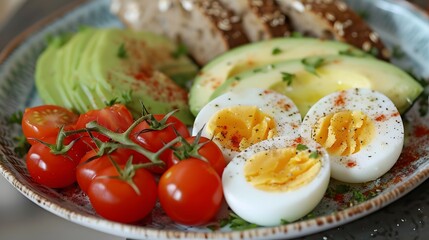 Front shot of a healthy and balanced breakfast of boiled eggs, avocado, cherry tomatoes and slices of wholemeal bread, arranged on a plate or platter