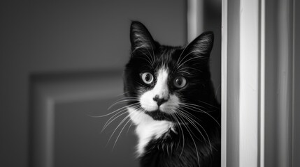 A black and white male cat a mix of the Persian and American short hair breeds is patiently by the bathroom door