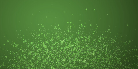 Falling snowflakes christmas background. Subtle flying snow flakes and stars on christmas green background. Beautifully falling snowflakes overlay. Wide vector illustration.