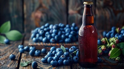 Still life with a bottle of artisanal blueberry beer standing on a dark wooden surface, surrounded by fresh blueberries and sprigs of hops. Copy Space. AI Generated