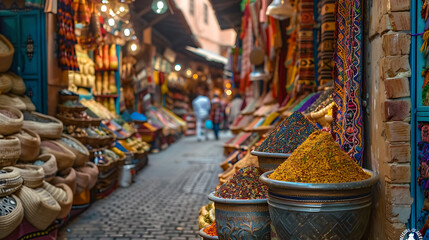 Vibrant Indian market scene with colorful stalls selling aromatic spices, bustling with activity and cultural richness, perfect for travel, food, and cultural-themed projects.