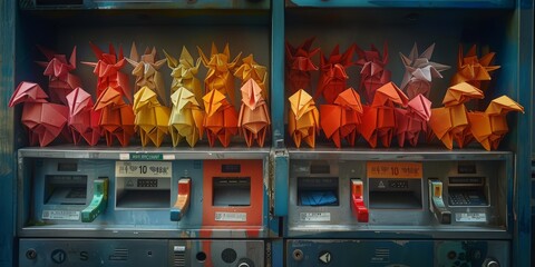 Surreal ATM machine dispensing a rainbow of origami animals instead of cash