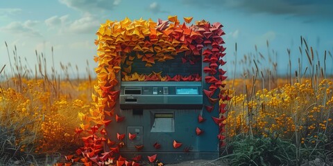 Surreal ATM machine dispensing a rainbow of origami animals instead of cash - obrazy, fototapety, plakaty