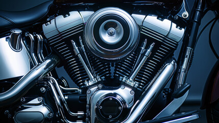 Motorcycle engine. Motor and mechanism closeup - obrazy, fototapety, plakaty