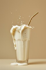 protein shake in a glass with a golden metal straw on a pastel solid color beige background
