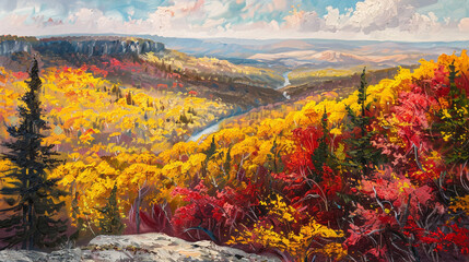 "High mountain overlooking a valley of autumn colors in impressionist style."