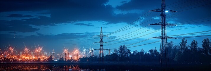 Power Grid at Blue Hour: High Voltage Towers Distributing Electricity to Urban Areas, Electric Tower Silhouetted Against Night Sky with City Lights - obrazy, fototapety, plakaty