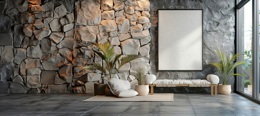 Contemporary entryway with polished stone wall and chic bench decor